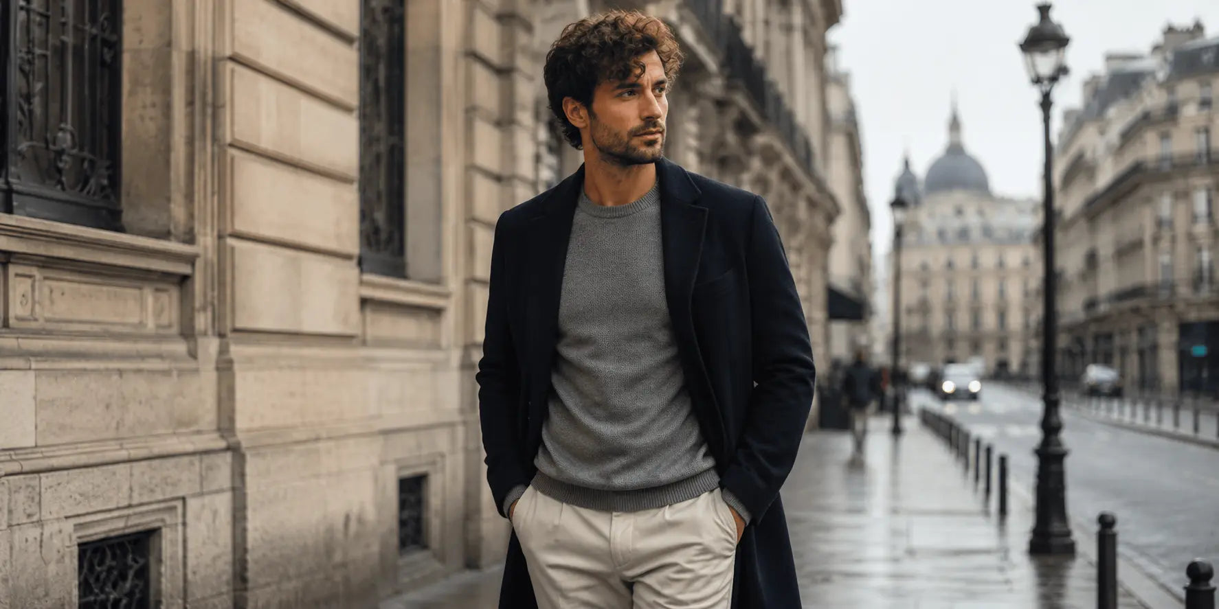 Hombre con jersey elegante caminando por una ciudad europea con estilo masculino sofisticado