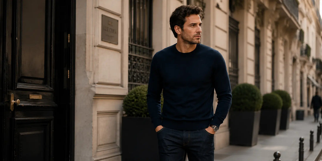 Hombre con jersey azul marino y vaqueros oscuros en un outfit masculino urbano y elegante