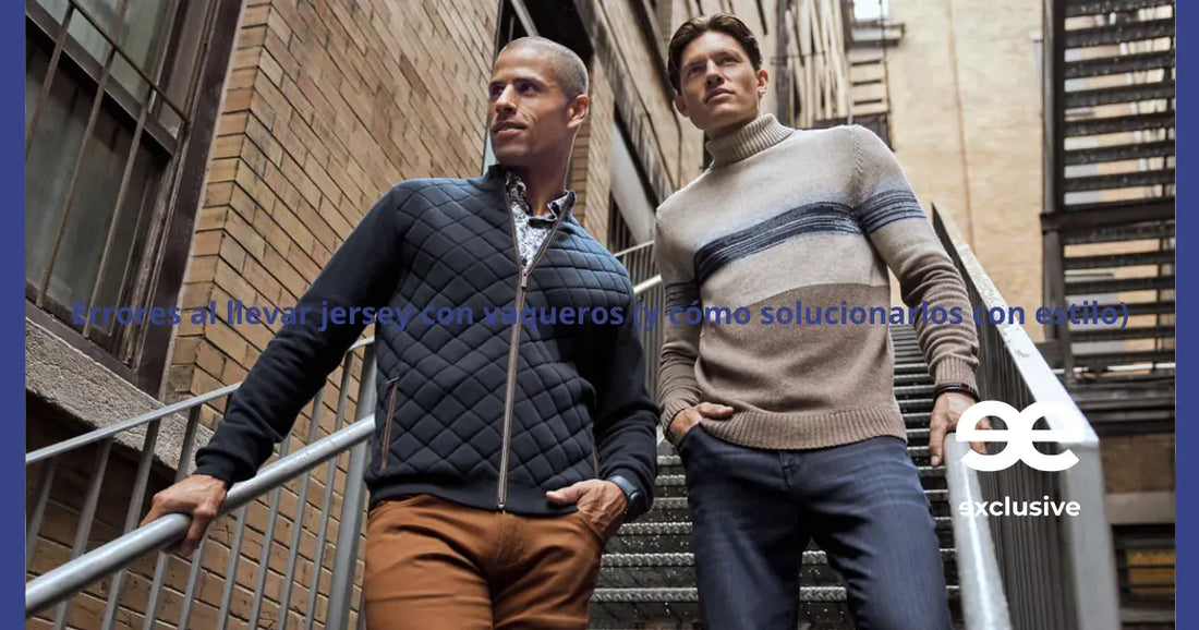 hombre con jersey azul marino y vaqueros outfit urbano elegante