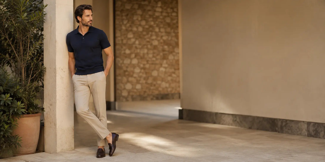 Hombre con polo azul marino y pantalón beige en un look elegante de verano masculino.