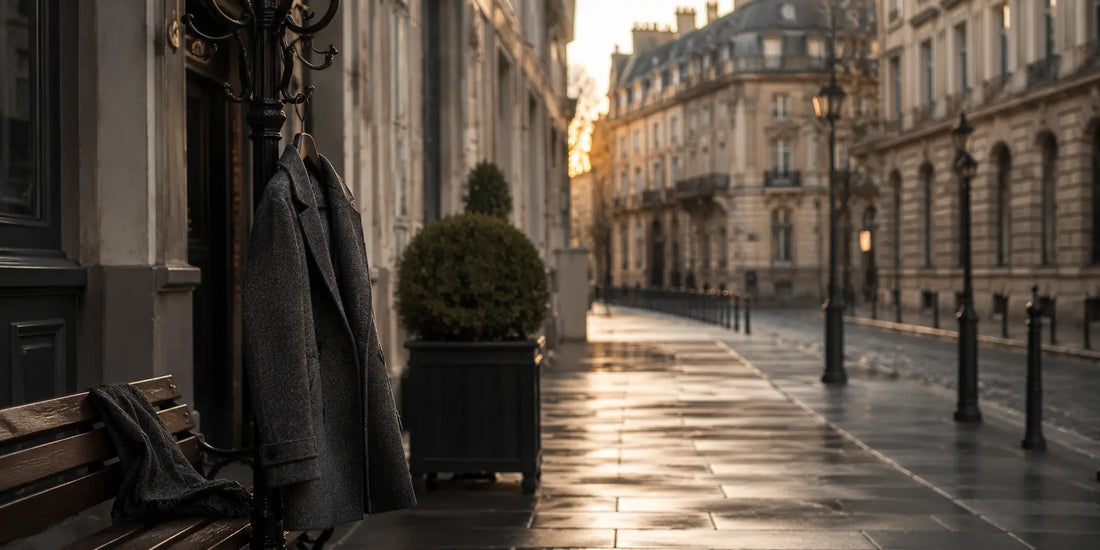 Abrigo gris en un entorno urbano elegante durante una mañana de invierno