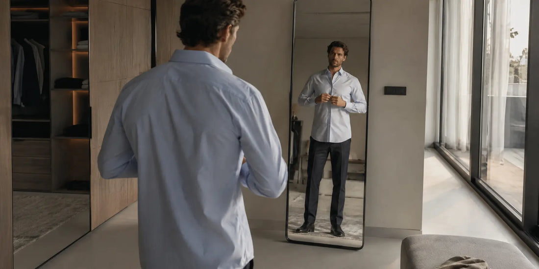 Hombre comprobando el ajuste de una camisa frente al espejo