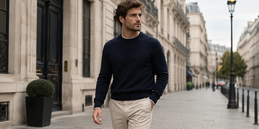 Hombre con jersey azul marino en un look masculino elegante y urbano