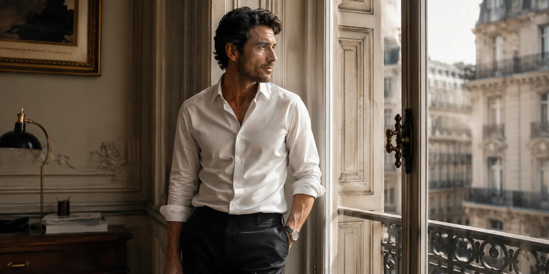 Hombre con camisa blanca elegante en edificio histórico europeo