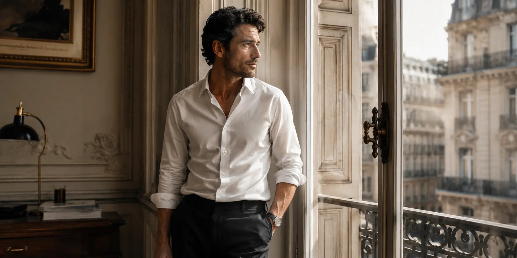 Hombre con camisa blanca elegante en edificio histórico europeo