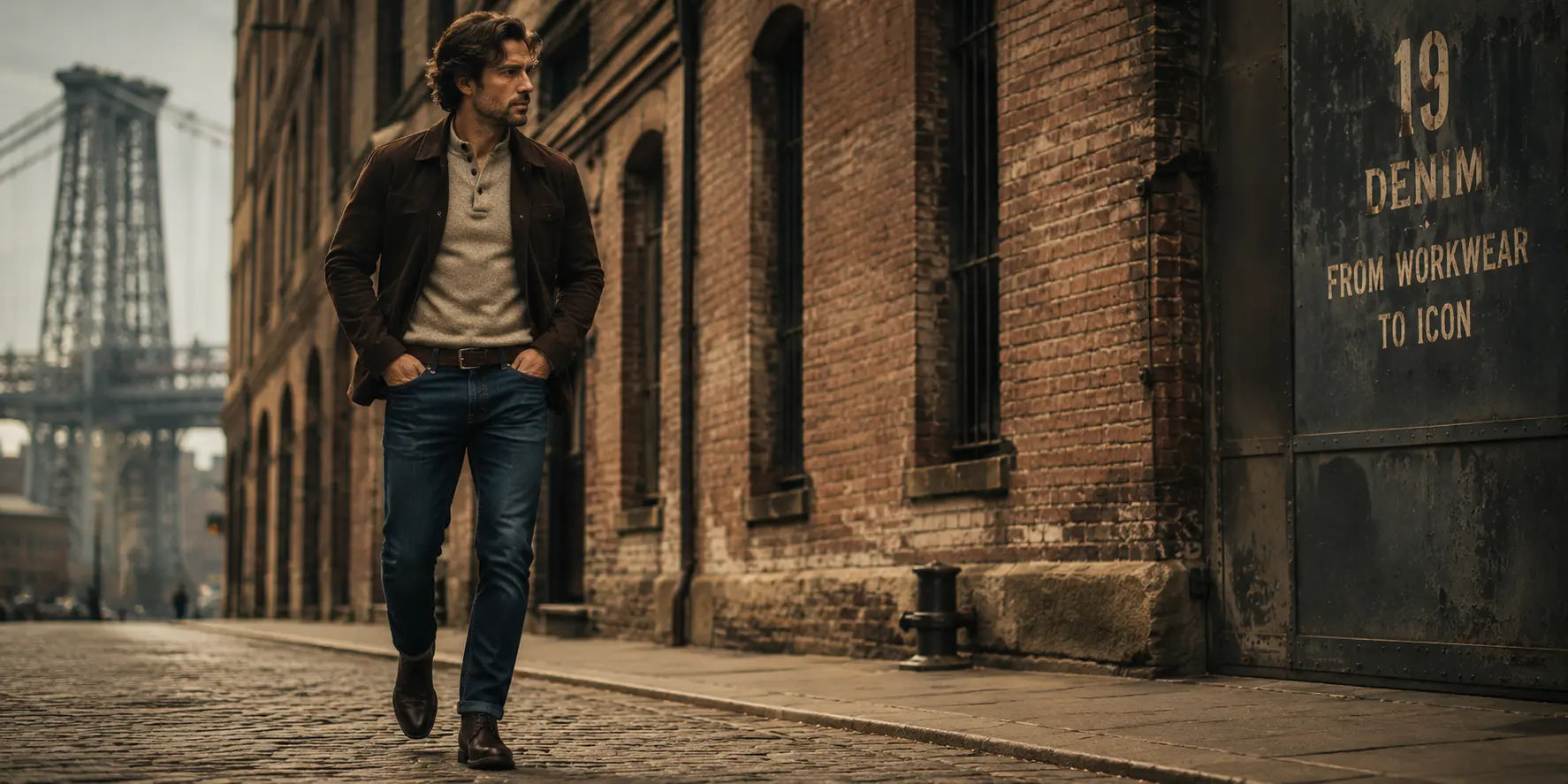 Hombre con vaqueros oscuros y botas caminando por una calle industrial en un look masculino urbano y elegante