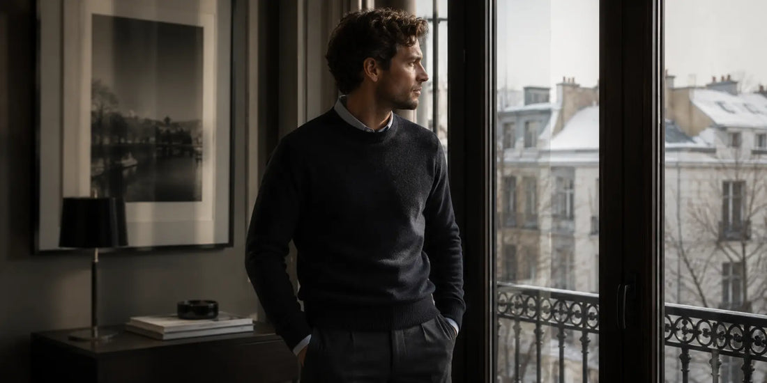 Hombre con jersey oscuro junto a una ventana en un ambiente elegante de invierno