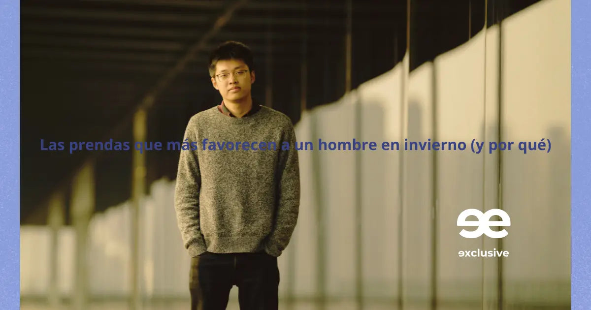 Hombre con jersey oscuro en un entorno urbano de invierno, estilo elegante y minimalista