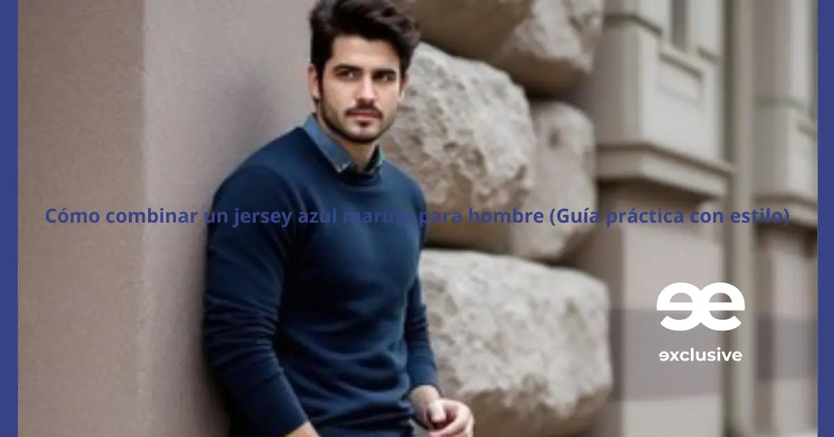 Hombre con jersey azul marino combinado con pantalón beige y abrigo camel en entorno urbano elegante