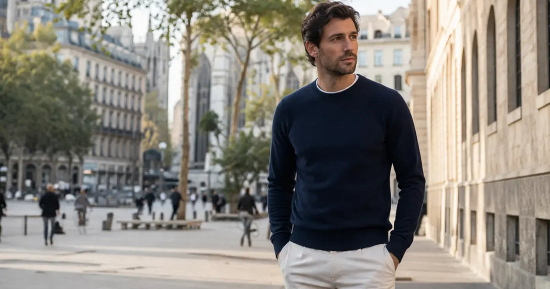 Hombre con jersey azul marino y pantalón claro en un entorno urbano elegante, como inspiración para elegir un jersey masculino con estilo