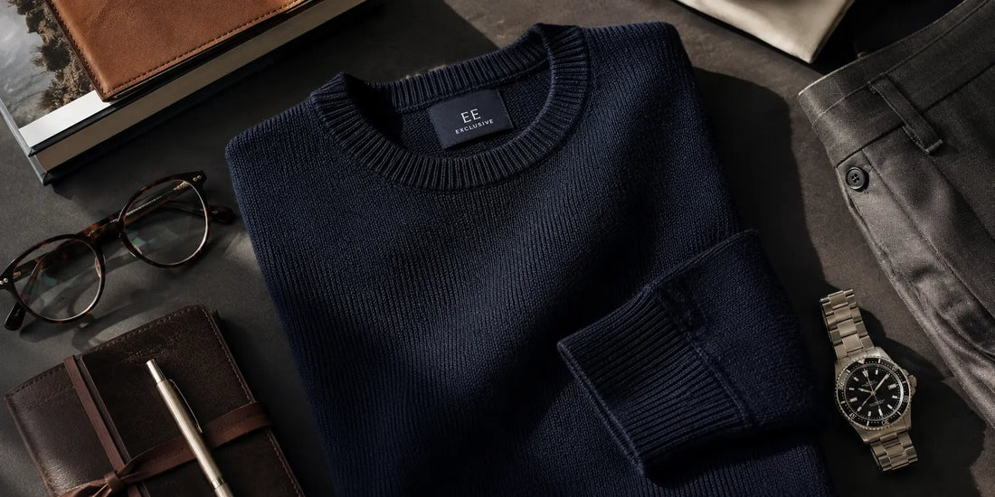 Detalle de jersey masculino de calidad junto a prendas premium en un entorno editorial elegante