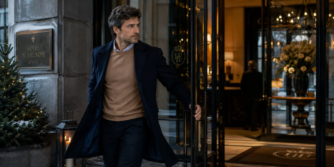 Cómo vestir elegante en invierno con jersey camel para hombre y abrigo azul marino