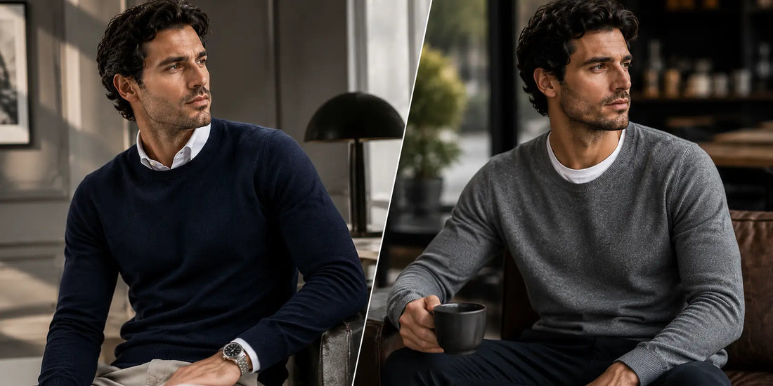 Hombre con jersey azul marino sobre camisa blanca en un look elegante urbano masculino