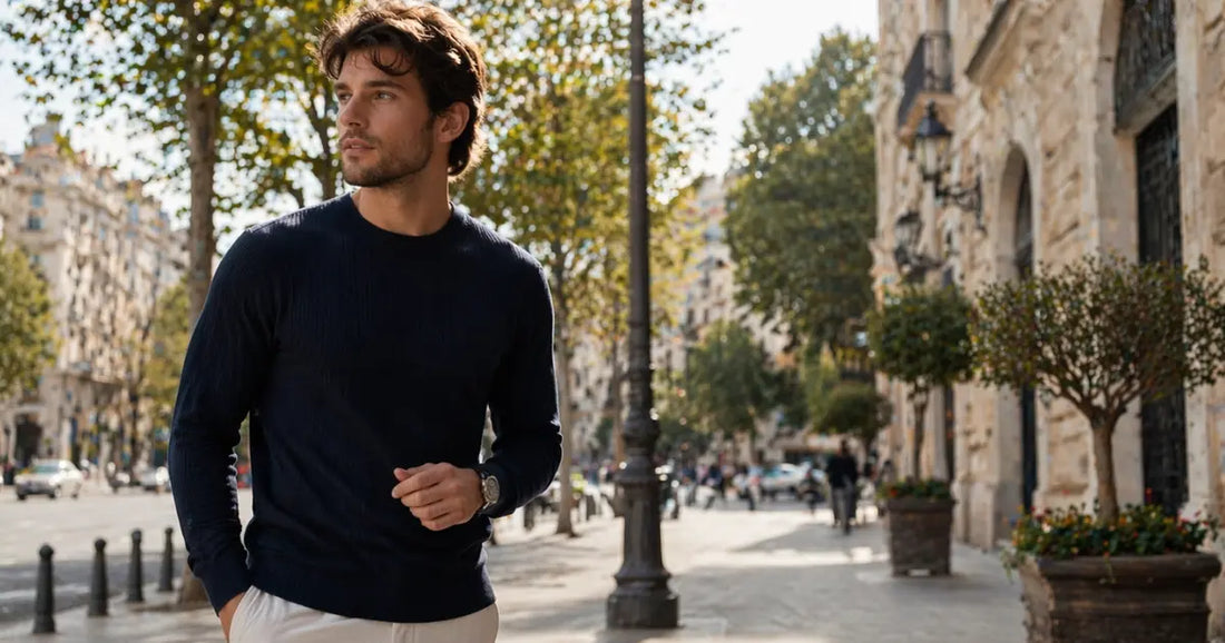 Hombre con jersey azul marino de cuello redondo en un look masculino elegante y urbano para entretiempo
