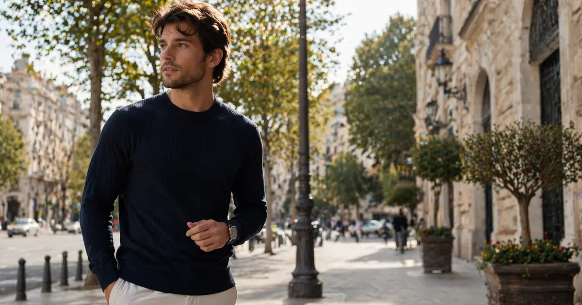 Hombre con jersey azul marino de cuello redondo en un look masculino elegante y urbano para entretiempo