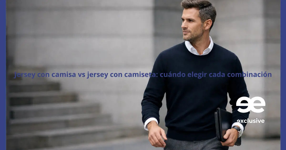 hombre con jersey azul marino sobre camisa blanca estilo elegante urbano masculino