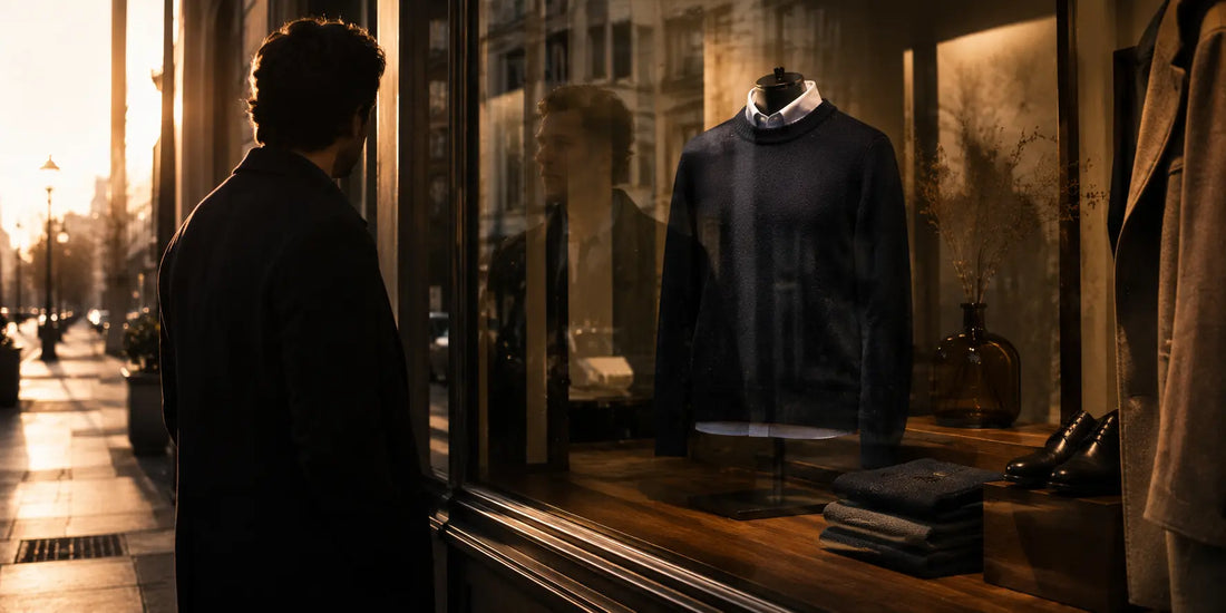 Reflejo de un hombre observando un jersey elegante en un escaparate urbano