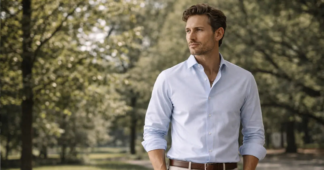 Hombre con camisa azul clara en un entorno natural elegante, como inspiración para elegir entre jersey o camisa según la ocasión