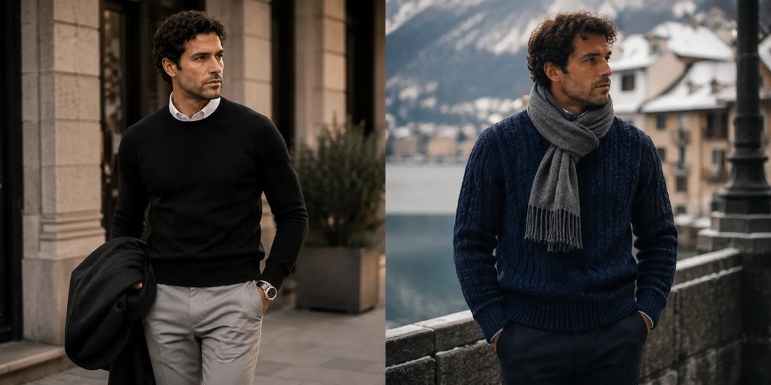 Hombre con jersey de punto fino negro y hombre con jersey grueso azul marino en estilos masculinos diferentes
