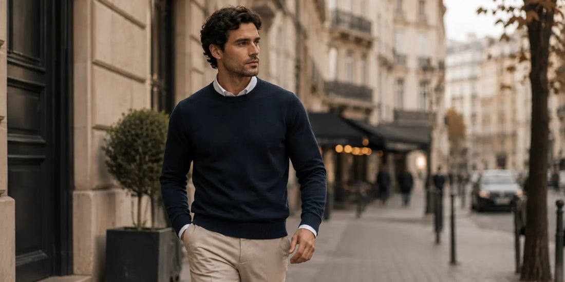Hombre con jersey elegante de entretiempo caminando por ciudad europea en clima fresco