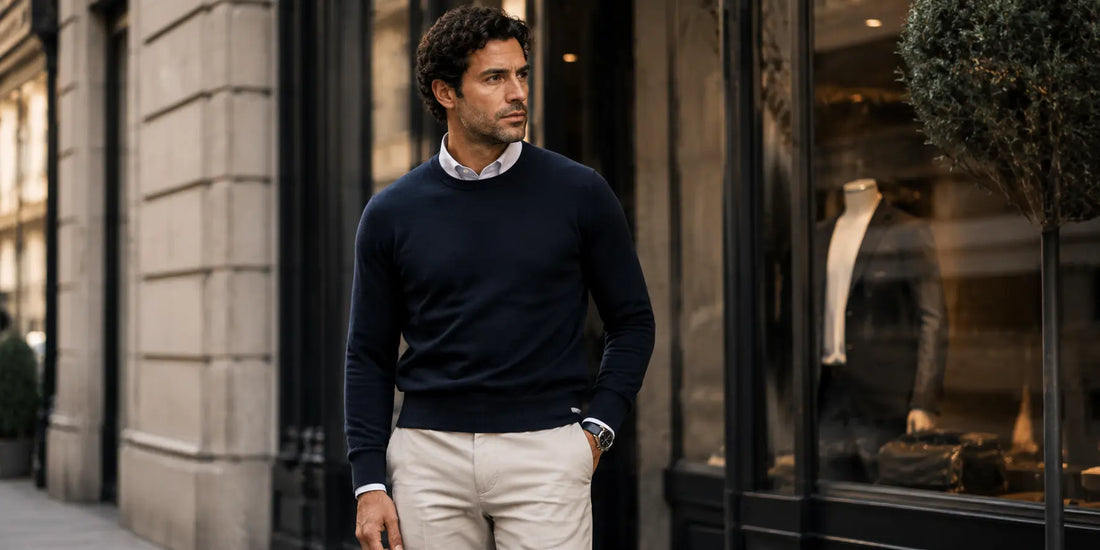 Hombre urbano con jersey azul marino bien ajustado según su tipo de cuerpo