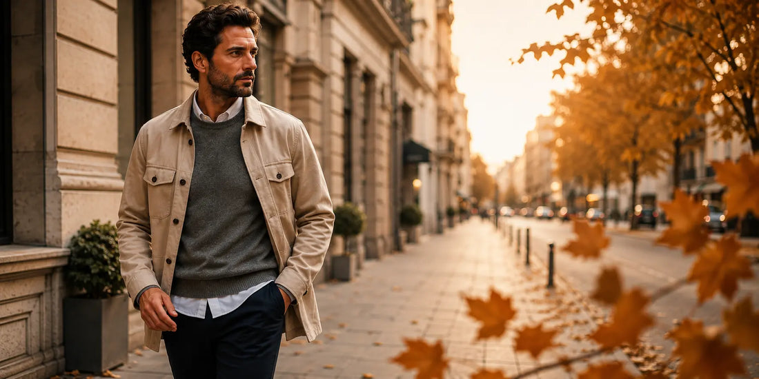 Hombre vestido por capas caminando por una calle europea en otoño.