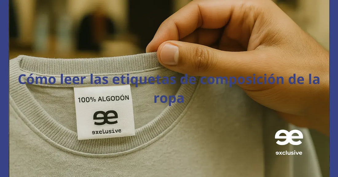 Hombre sosteniendo etiqueta de composición de una camisa EE Exclusive