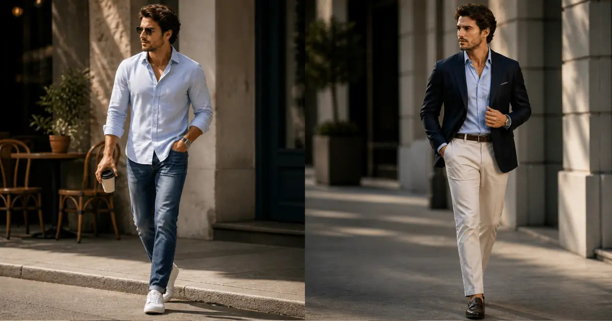 Comparación de looks masculinos casual y sofisticado con camisa azul clara en un entorno urbano elegante y moderno