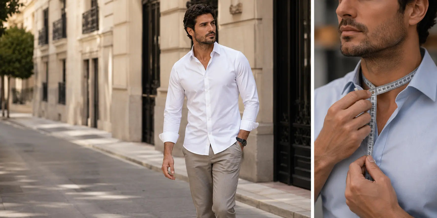 Hombre tomando medidas para elegir correctamente una camisa elegante