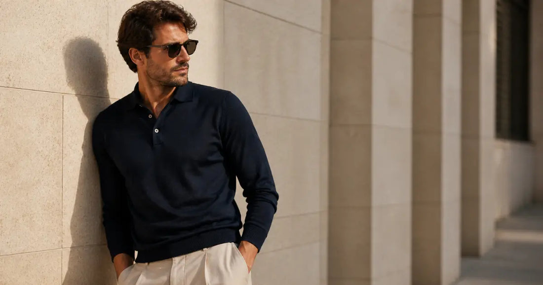 Hombre con polo azul marino y pantalón beige en un look elegante y sofisticado que refleja el poder de los pequeños detalles en la moda masculina