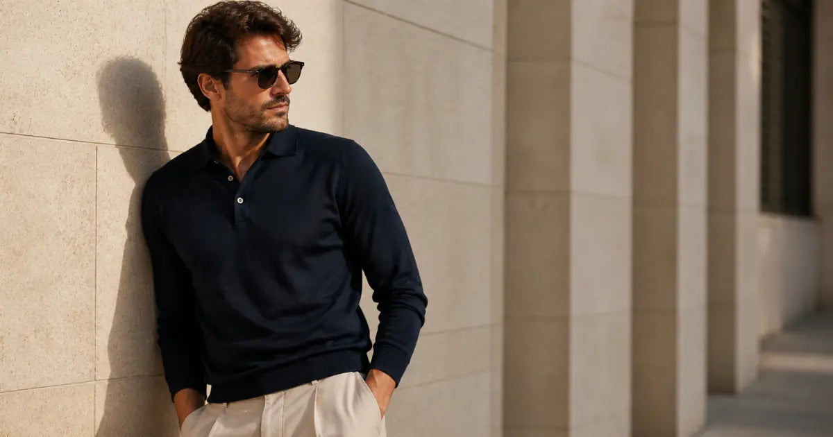 Hombre con polo azul marino y pantalón beige en un look elegante y sofisticado que refleja el poder de los pequeños detalles en la moda masculina