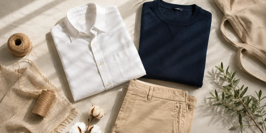 Prendas masculinas en tonos neutros sobre una superficie clara, inspiración de moda sostenible y estilo consciente