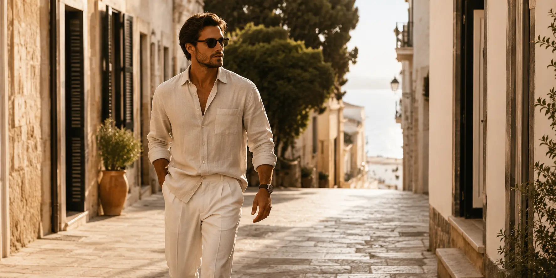 Hombre con look veraniego elegante y ligero caminando por ciudad mediterránea con estilo urbano sofisticado