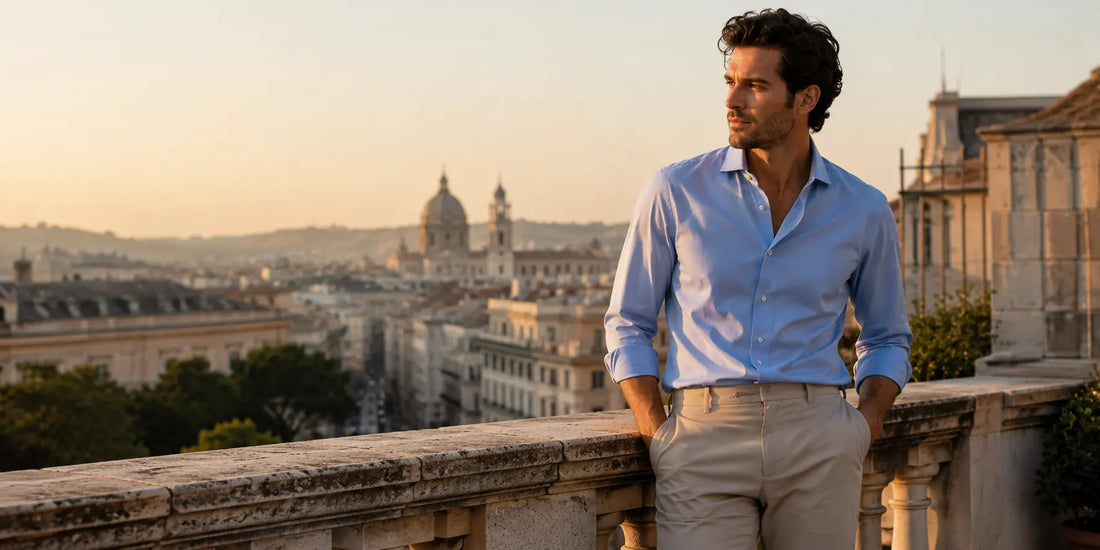 Hombre elegante con camisa azul y pantalón beige en un entorno urbano europeo.