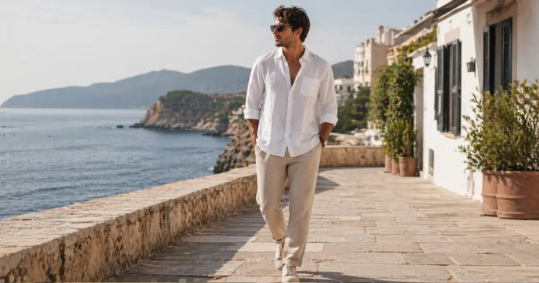 Hombre con outfit veraniego elegante caminando junto al mar en un destino mediterráneo con estilo relajado y sofisticado