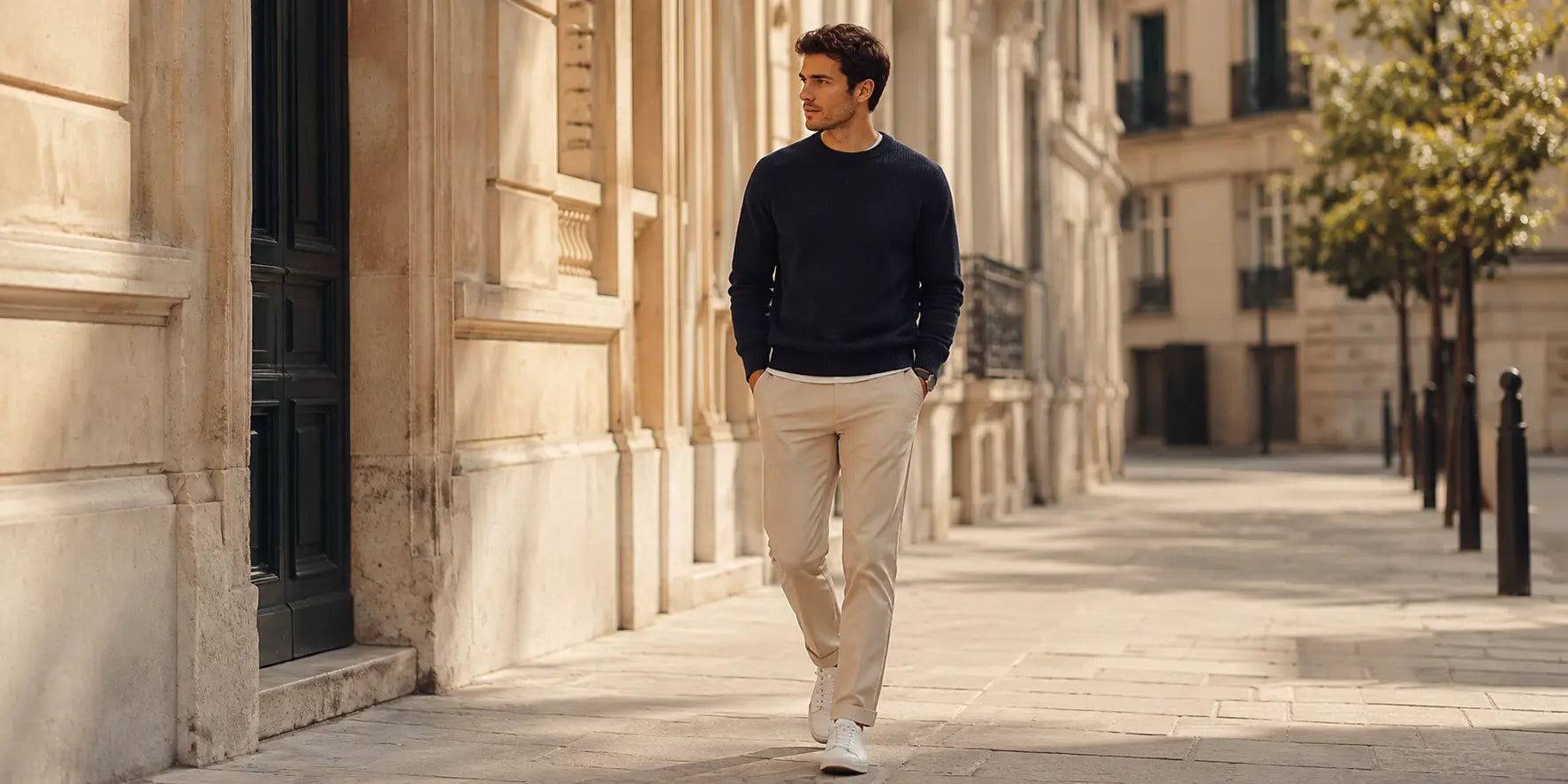 Hombre combinando jersey azul marino con pantalón beige en un look elegante y urbano para hombre