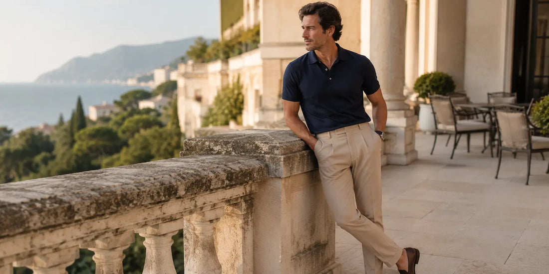 Hombre con polo azul marino y pantalón beige en un look mediterráneo elegante de estilo smart casual.