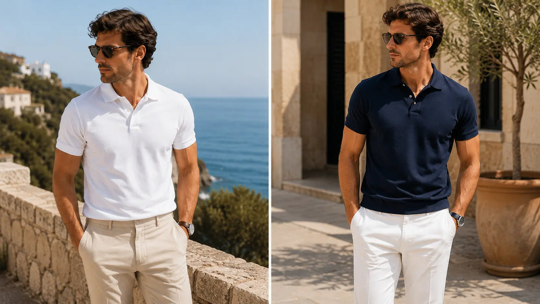 Hombre con polo blanco y hombre con polo azul marino en una comparativa de estilo masculino