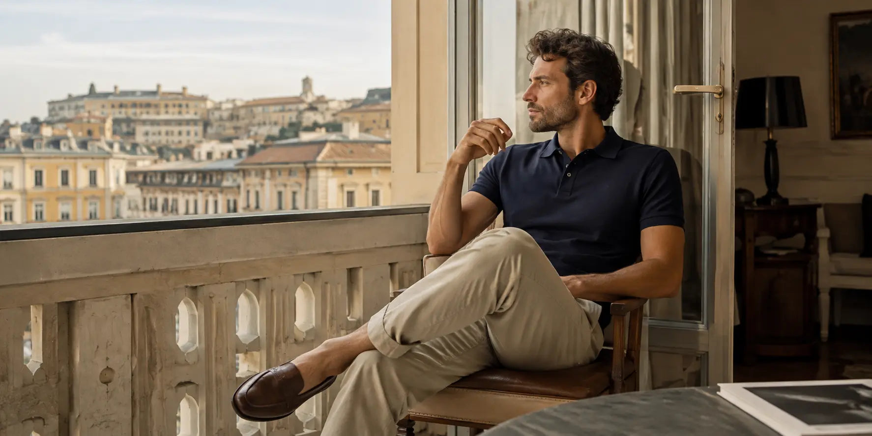 Hombre con polo azul marino, pantalón beige y mocasines en una terraza con vistas a la ciudad.