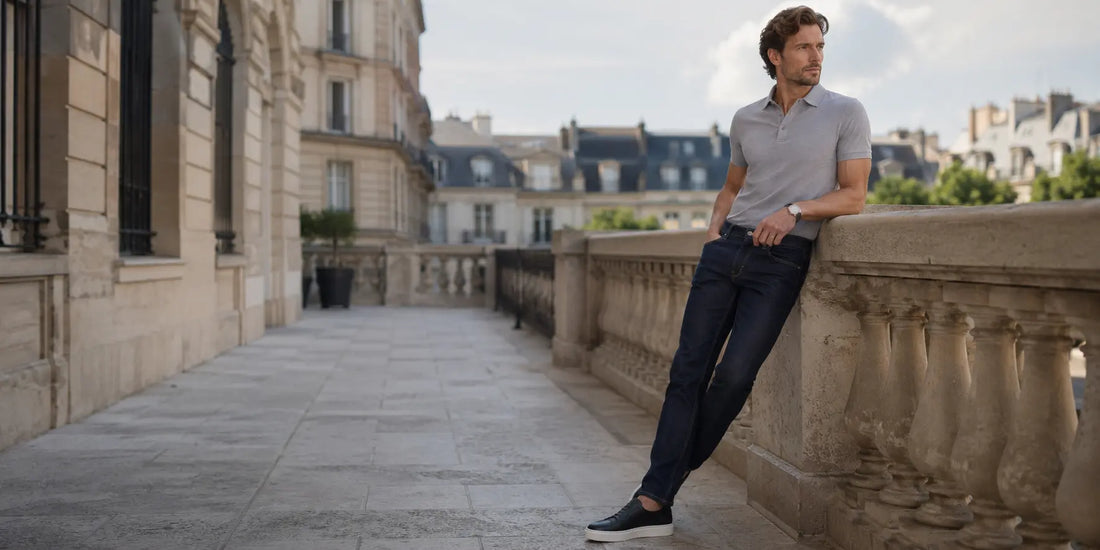 Hombre con polo gris y vaqueros oscuros en un look elegante y relajado