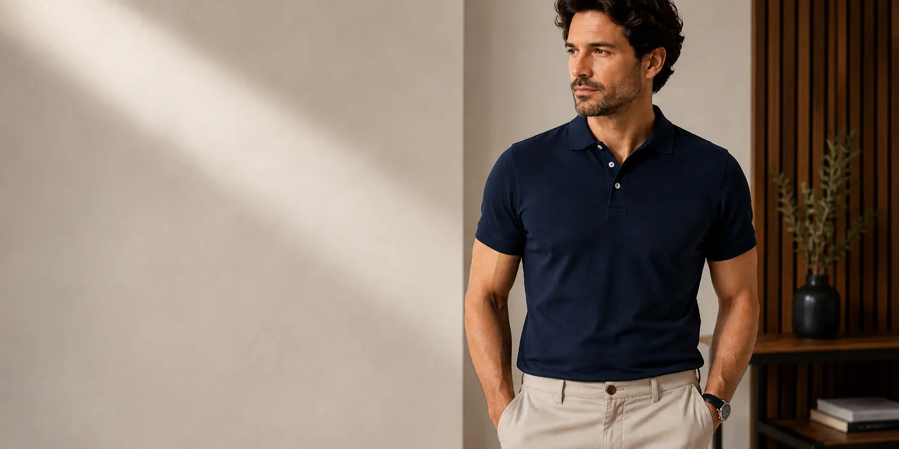 Hombre con polo azul marino de corte regular y ajuste equilibrado en hombros, pecho y cintura