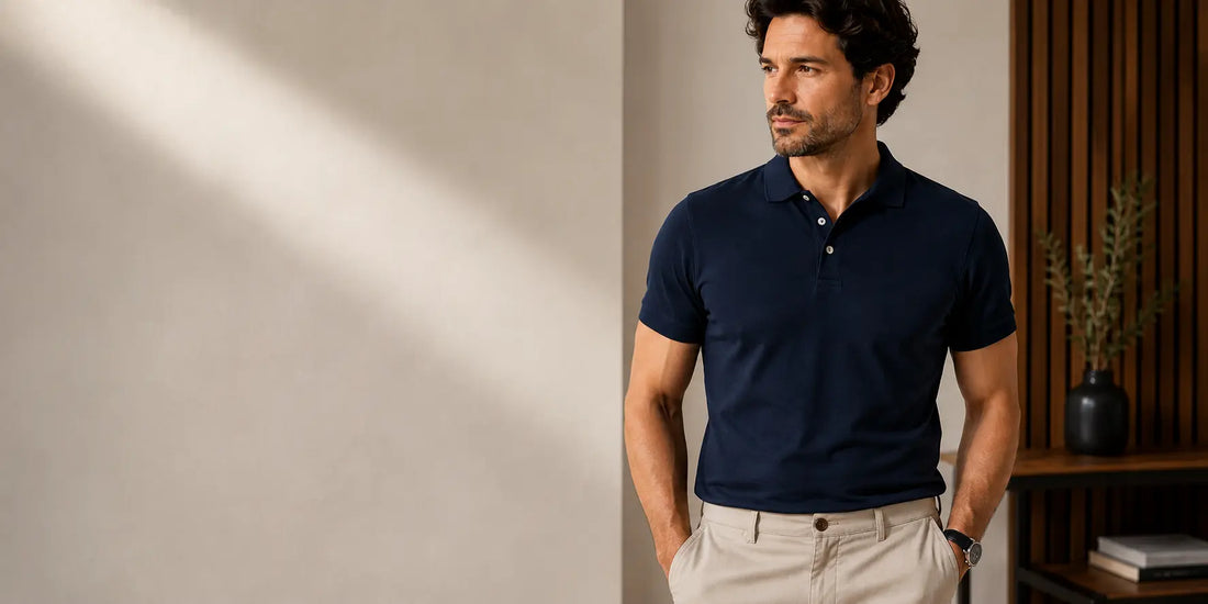 Hombre con polo azul marino de corte regular y ajuste equilibrado en hombros, pecho y cintura