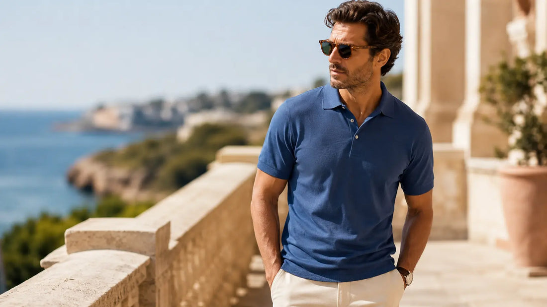 Hombre con polo azul marino y pantalón claro en un entorno mediterráneo de verano.