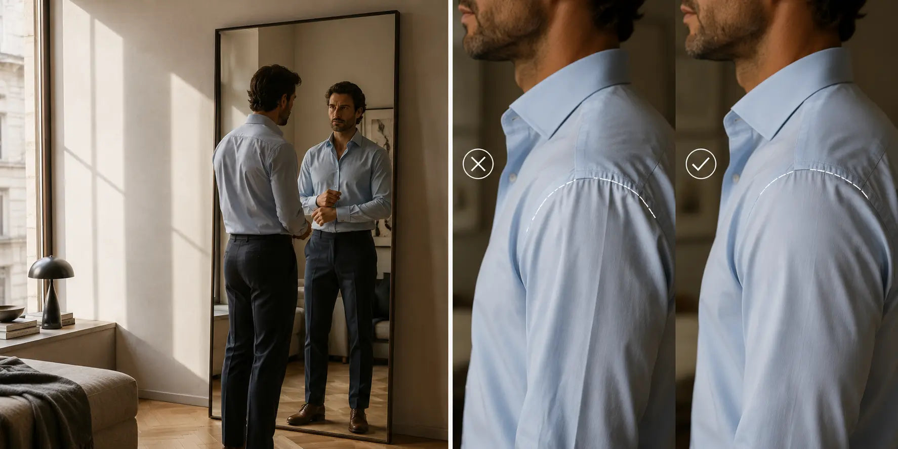Hombre revisando el ajuste de una camisa frente a un espejo en un apartamento elegante.