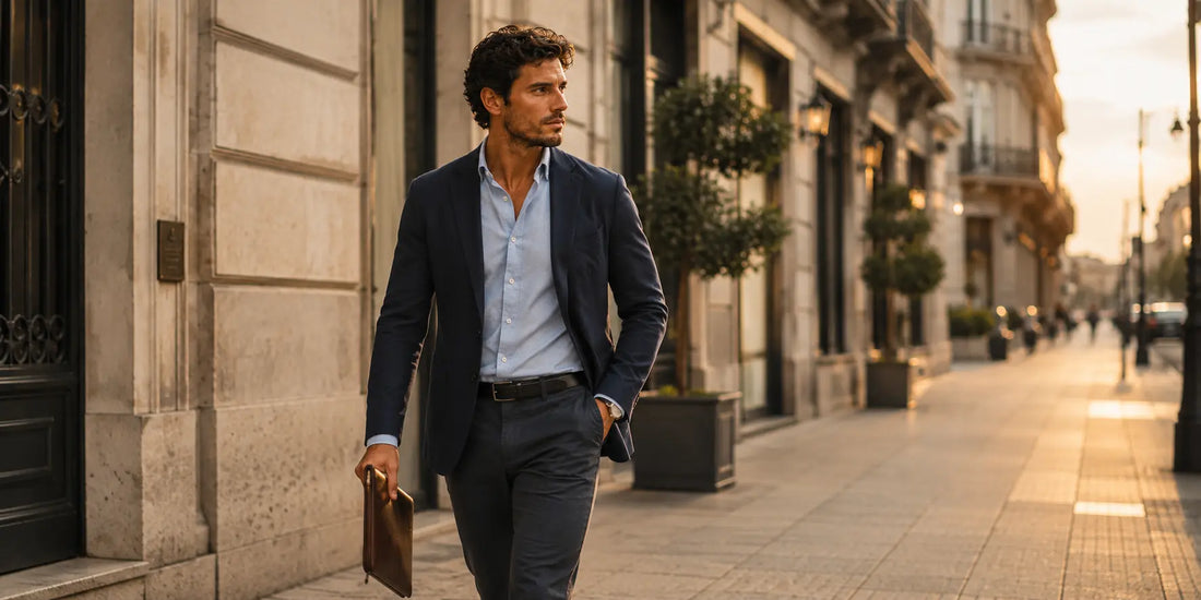 Hombre elegante caminando por ciudad con outfit versátil de oficina y fin de semana