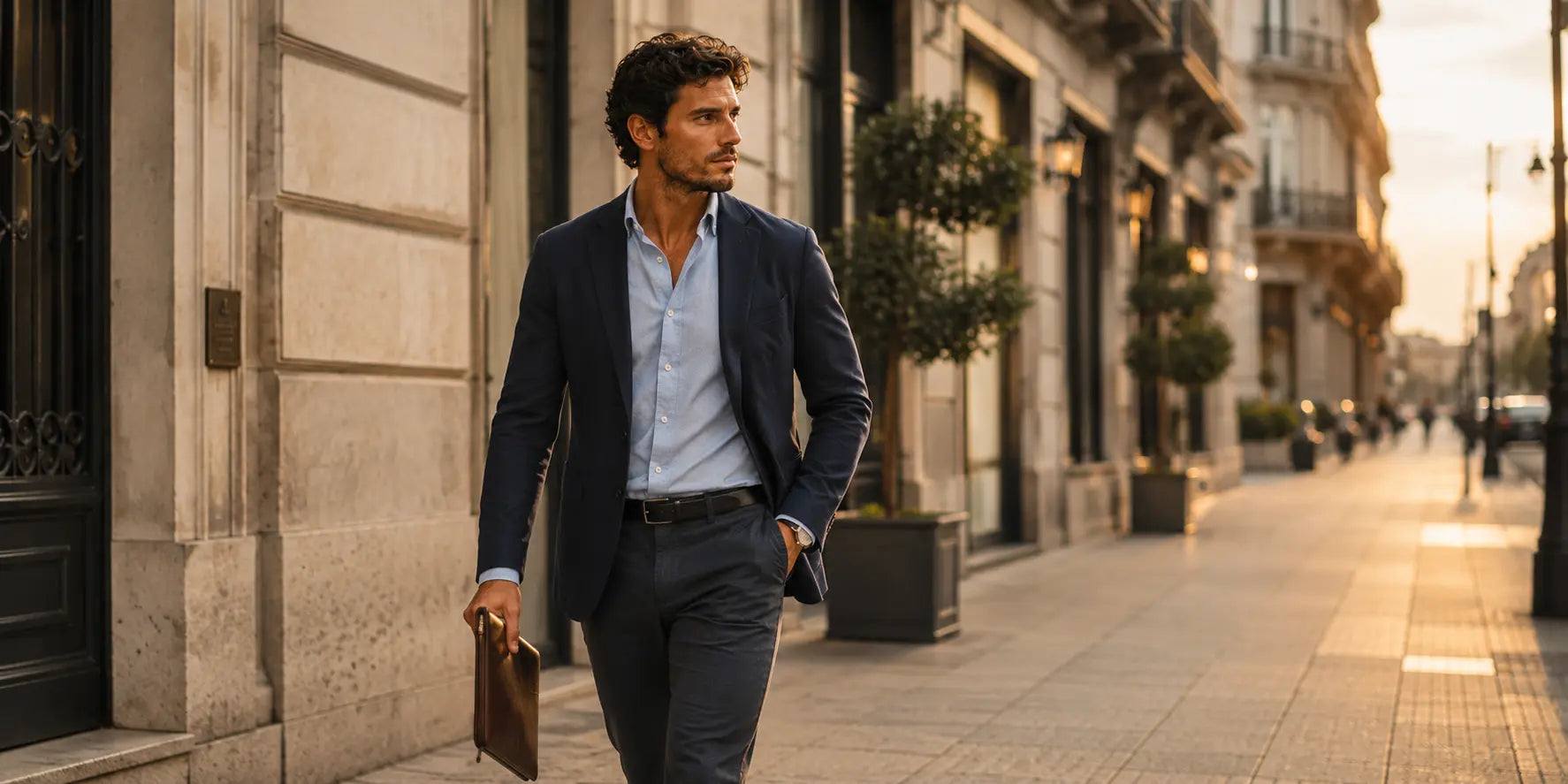 Hombre elegante caminando por ciudad con outfit versátil de oficina y fin de semana