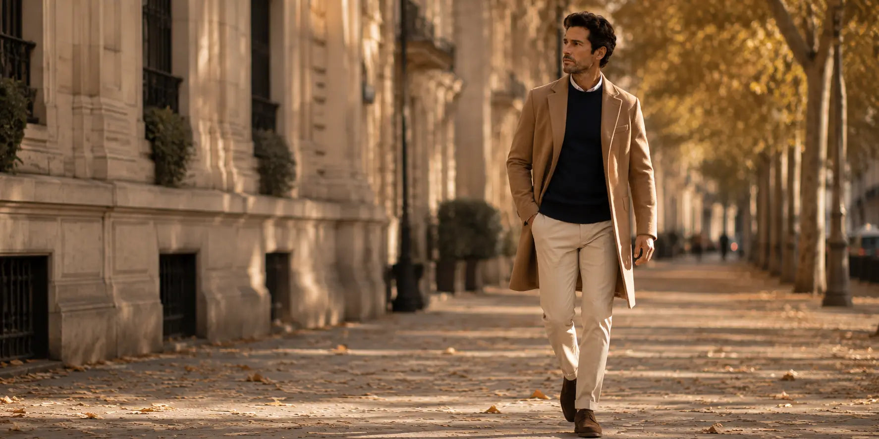 Hombre caminando por una avenida europea en otoño con abrigo camel, jersey azul marino y pantalón beige