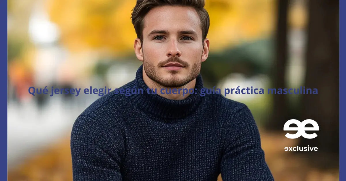 Hombre urbano con jersey azul marino bien ajustado según su tipo de cuerpo