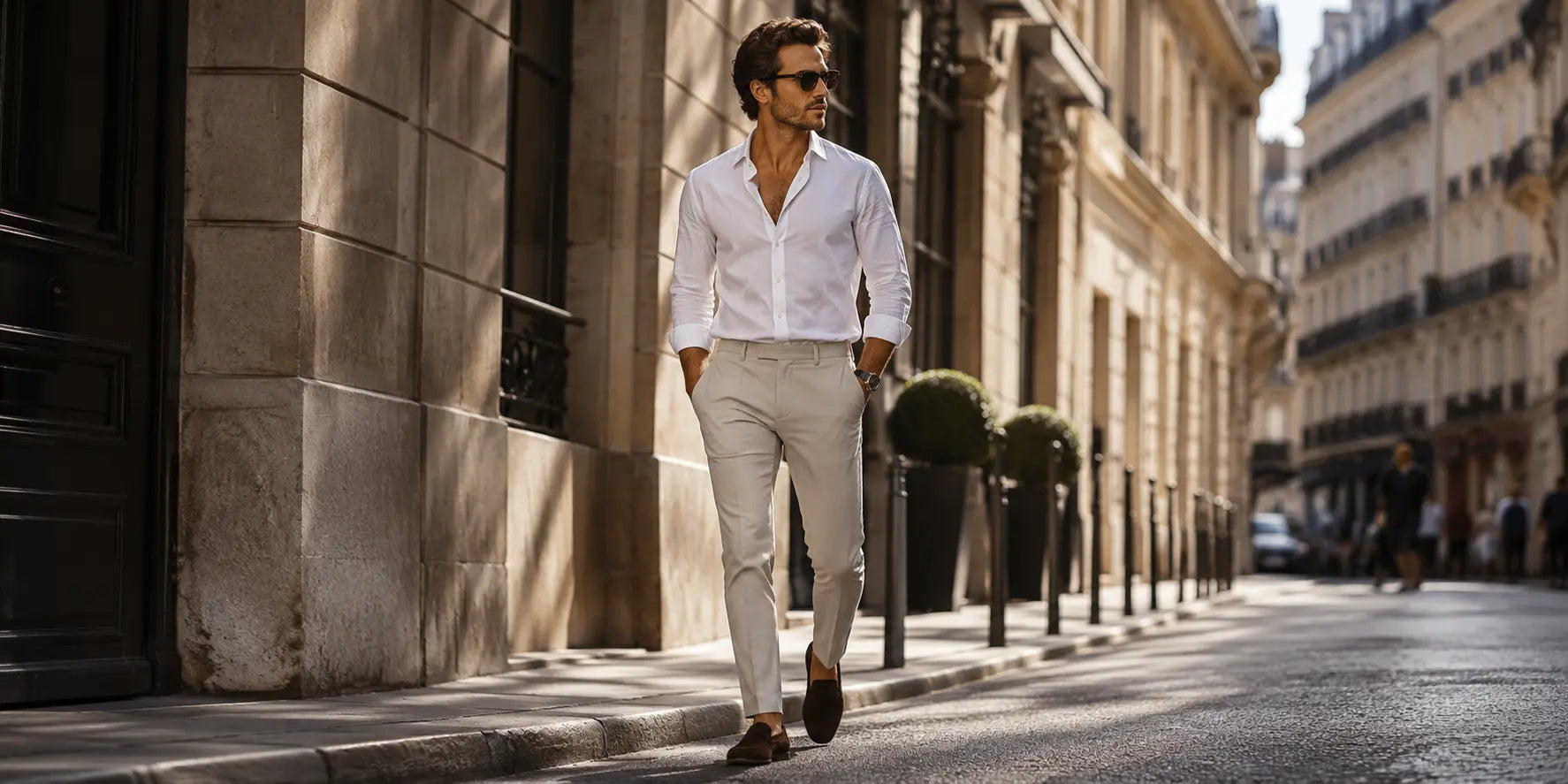Hombre con camisa blanca y pantalón beige caminando por una calle elegante europea en un look masculino sofisticado y urbano
