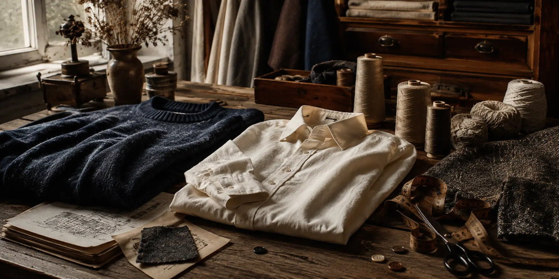 Camisa de algodón y jersey de lana sobre una mesa de taller textil representando la historia de los tejidos en la moda masculina.